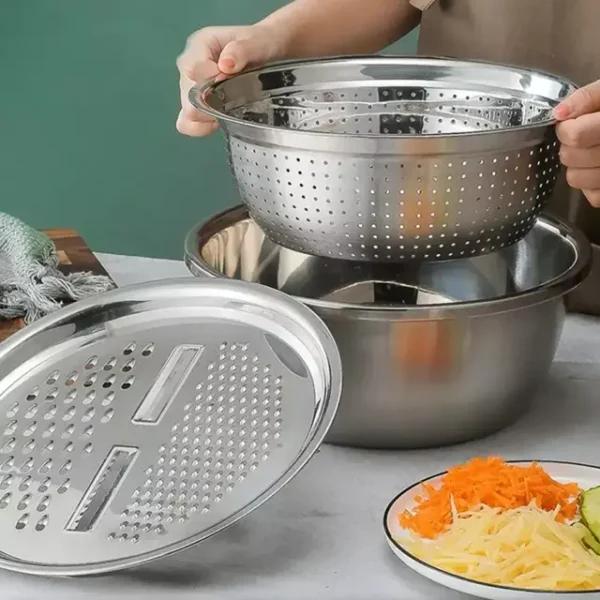3-in-1 Stainless Steel Grating Basin & Vegetable Cutter