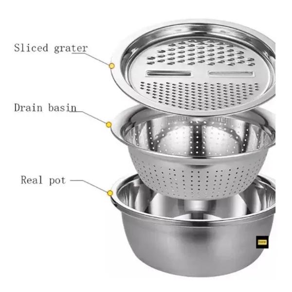 3-in-1 Stainless Steel Grating Basin & Vegetable Cutter