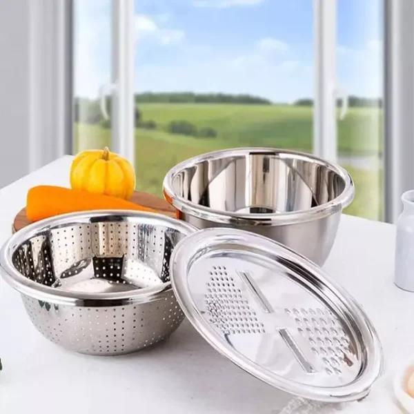 3-in-1 Stainless Steel Grating Basin & Vegetable Cutter