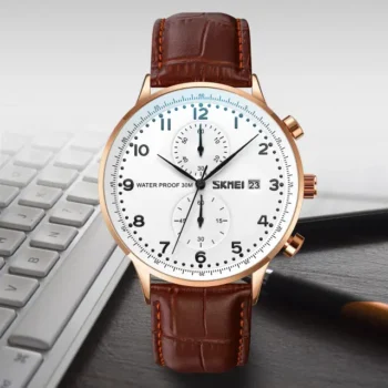 SKMEI 9301 Mens Top Brand Luxury Genuine Leather Strap Waterproof Date Wristwatch Watches