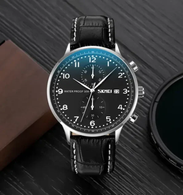 SKMEI 9301 Mens Top Brand Luxury Genuine Leather Strap Waterproof Date Wristwatch Watches - Image 2